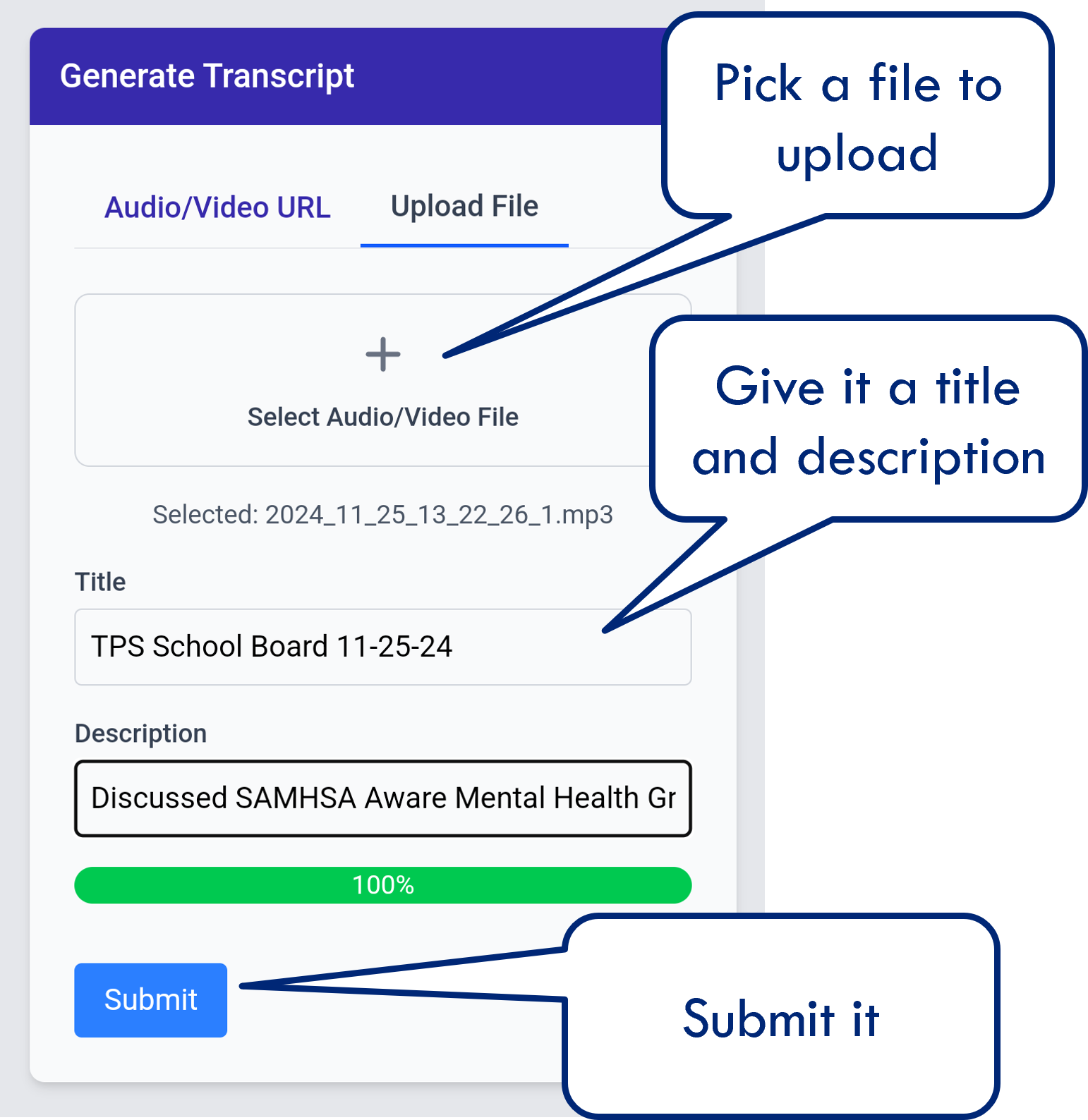 Transcription interface showing file upload form