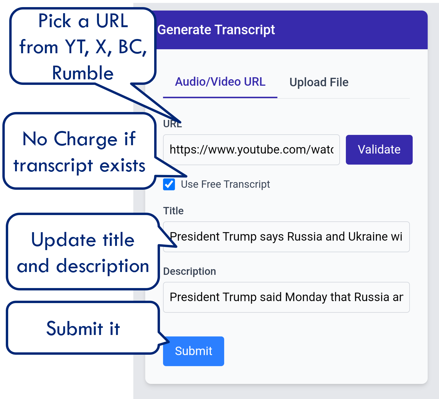 Transcription interface showing URL input form