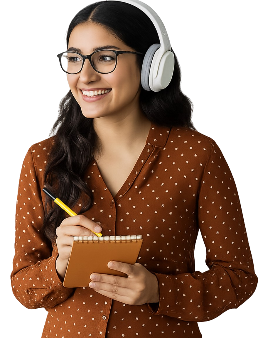 Young woman with headphone, notepad and pen considering an amazing offer