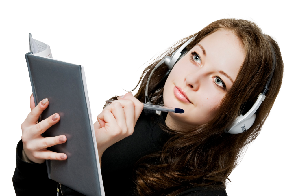 Young woman with notepad and pen considering an amazing offer