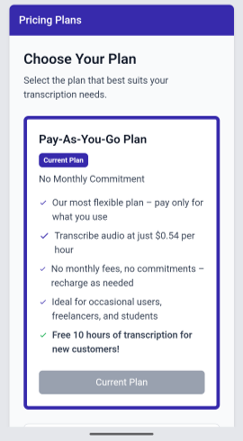 Image showing the Pay As You Go plan as an example of a plan.