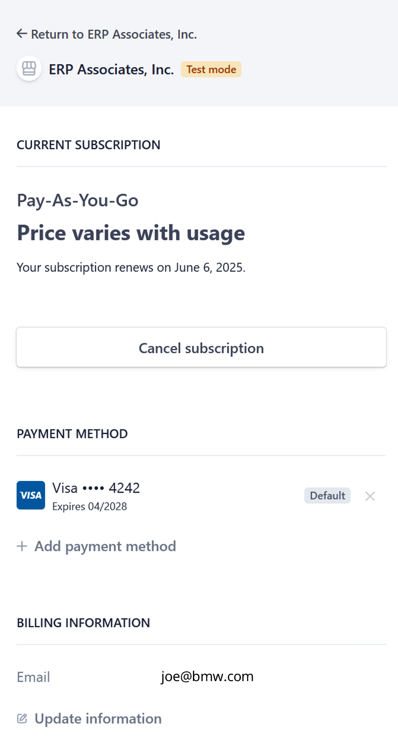 Account subscription management form.