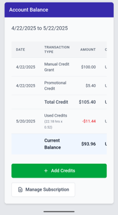 Account Usage Form. Shows credits, usage charges, and remaining balance.