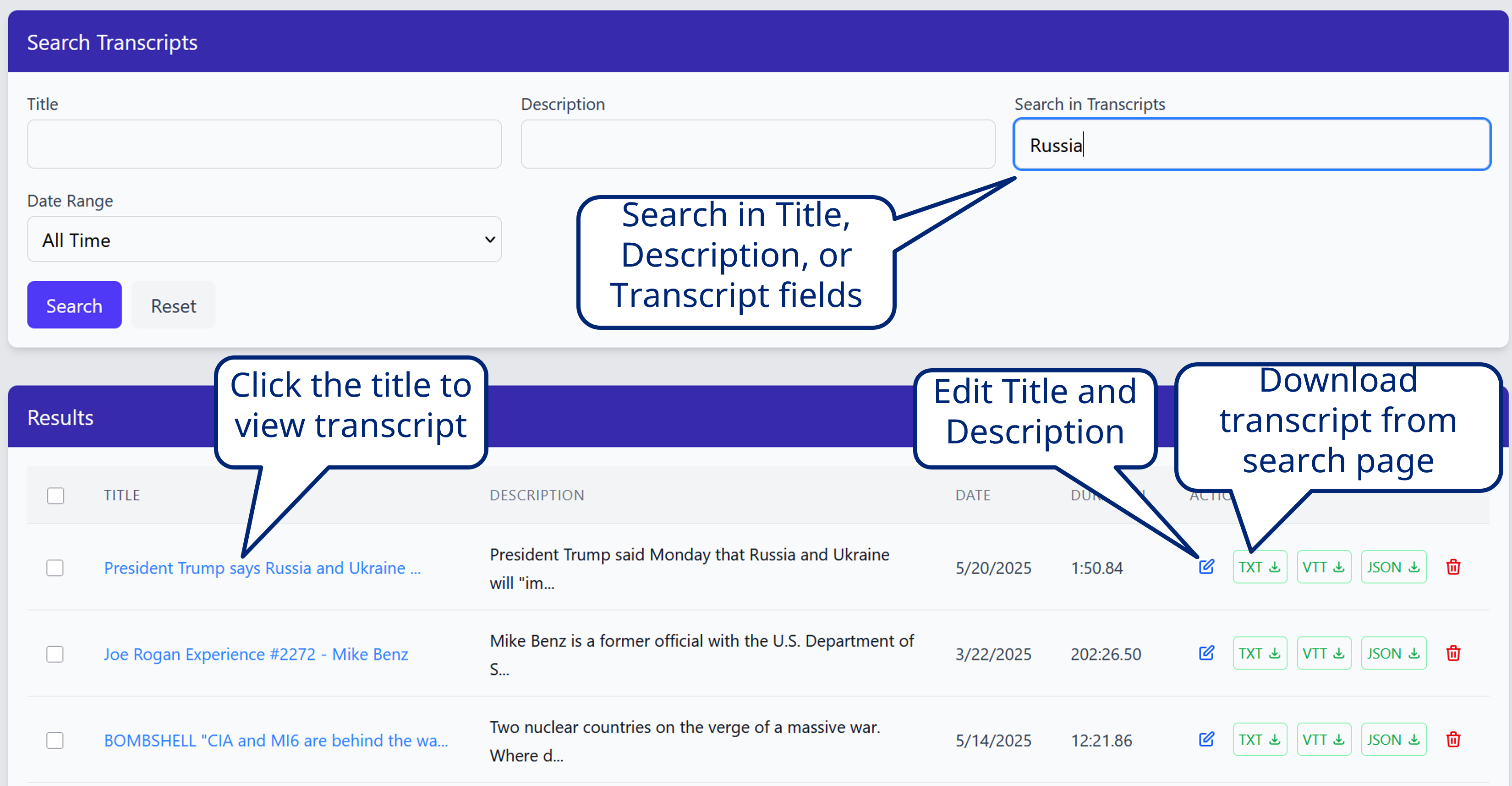 Transcription interface showing URL input form