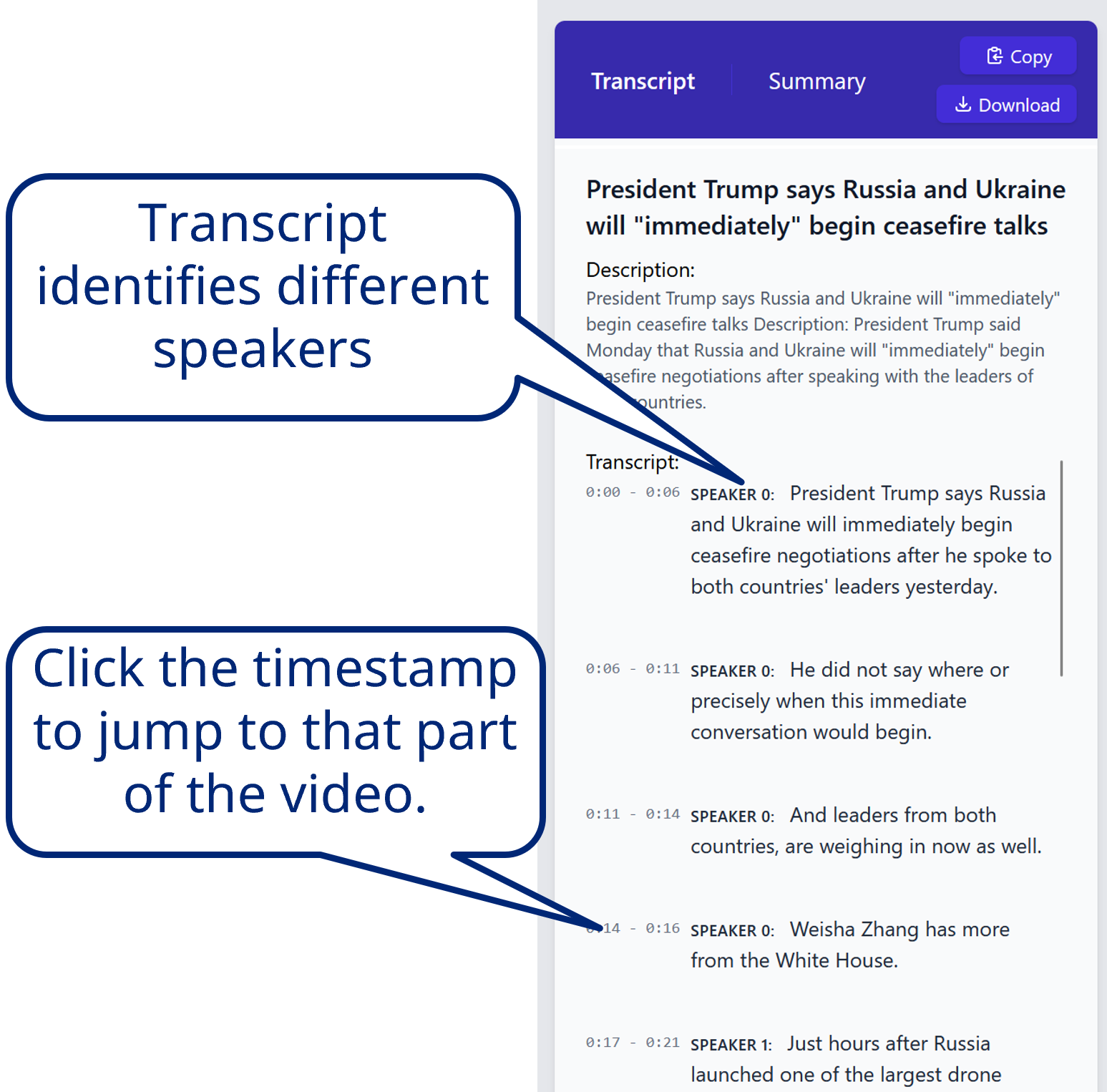 Transcription interface showing URL input form